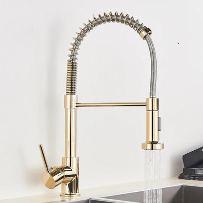 Brushed Gold Kitchen Faucet Pull Down 2-way Spray Single