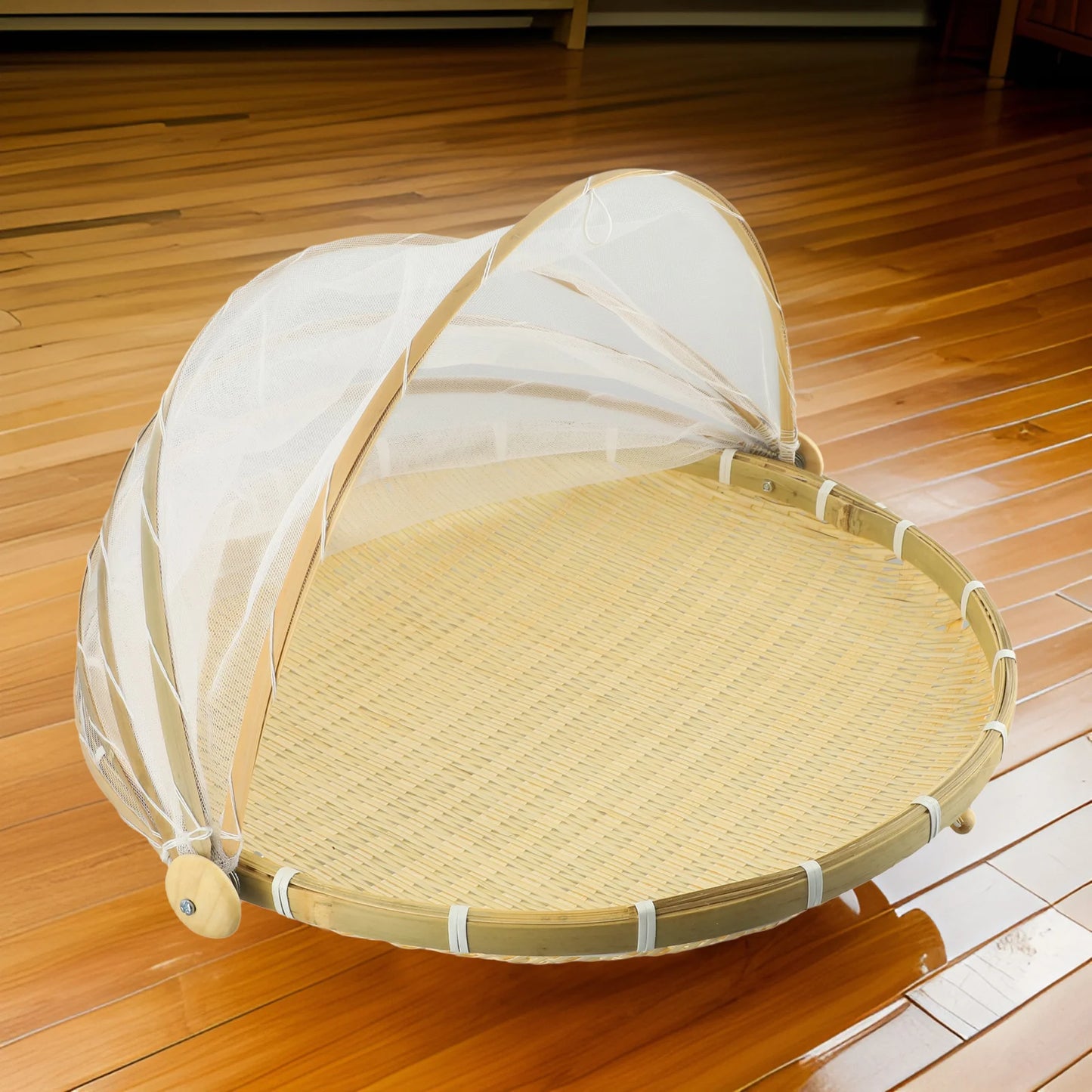 Handmade Bamboo Basket With Net Mesh Cover Kitchen Bread