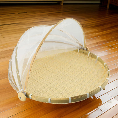 Handmade Bamboo Basket With Net Mesh Cover Kitchen Bread