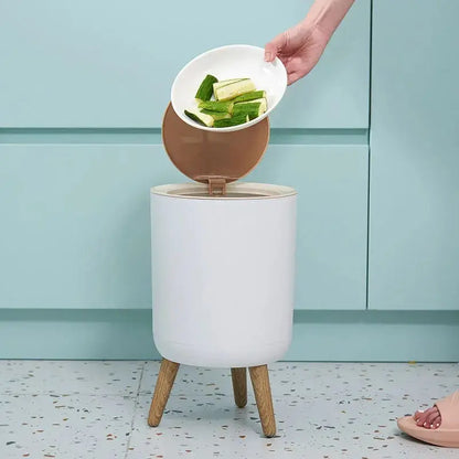7L Round Wood Grain Trash Can Press Type Garbage Can