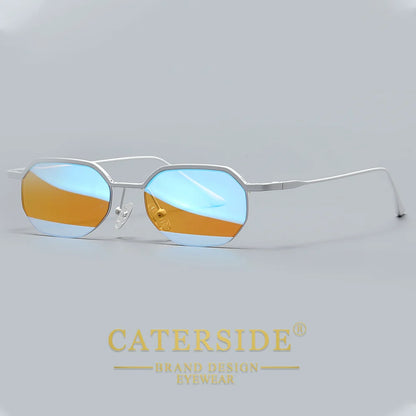 Retro Polygon Sunglasses Men Metal Semi Rimless