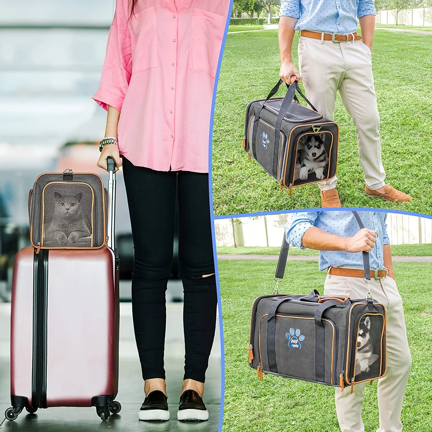 Double-sided expandable cat/dog carrier airline carry-on