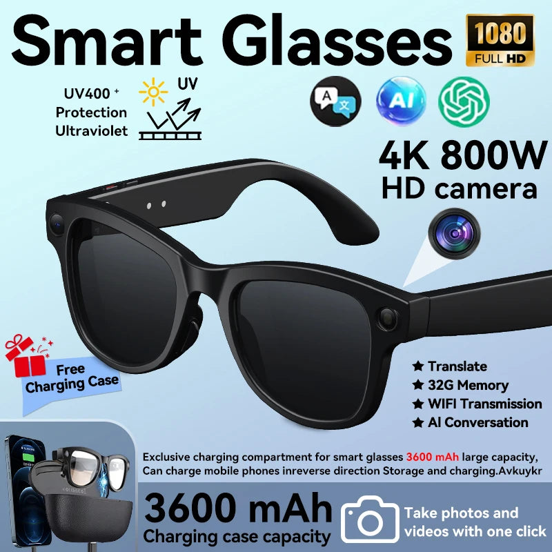 3600mAh Power Bank Smart Glasses 800W 4K HD Pixel Translation