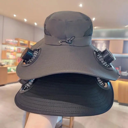Large Size Quick Dry Bucket Hat With Solar Powered Fan USB Charging
