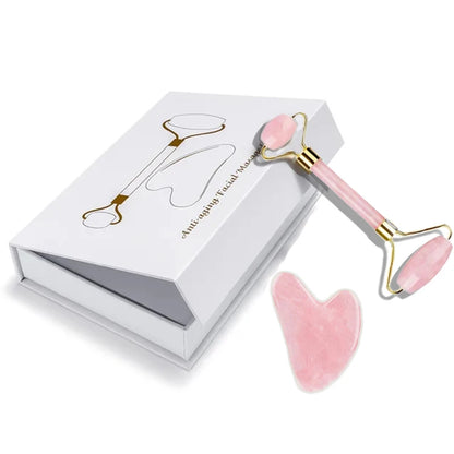 Rose Quartz Natural Jade Roller Massager Guasha Set