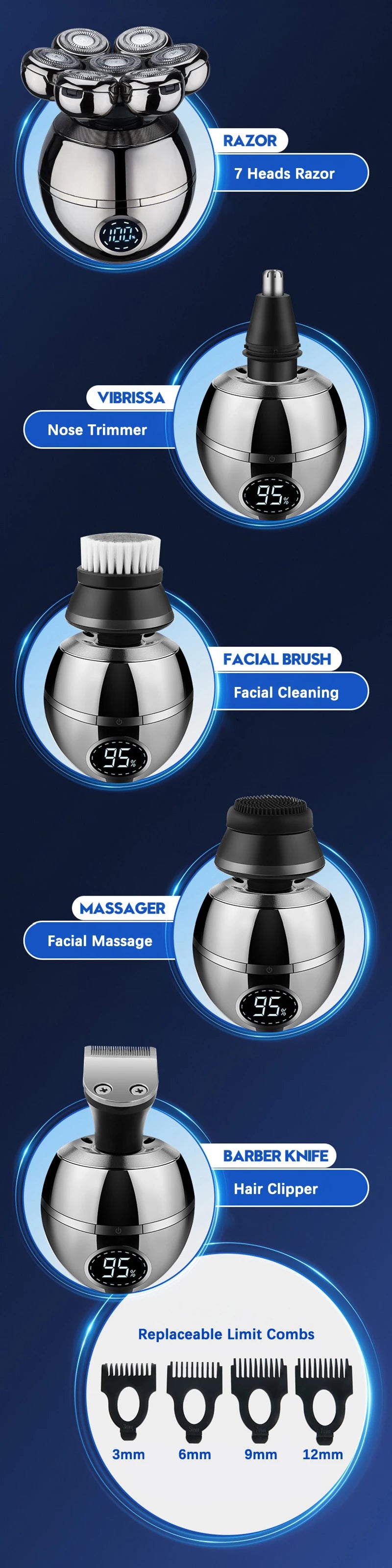 Electric Shaver 7D Floating Cutter Head Base Men Beard Trimmer