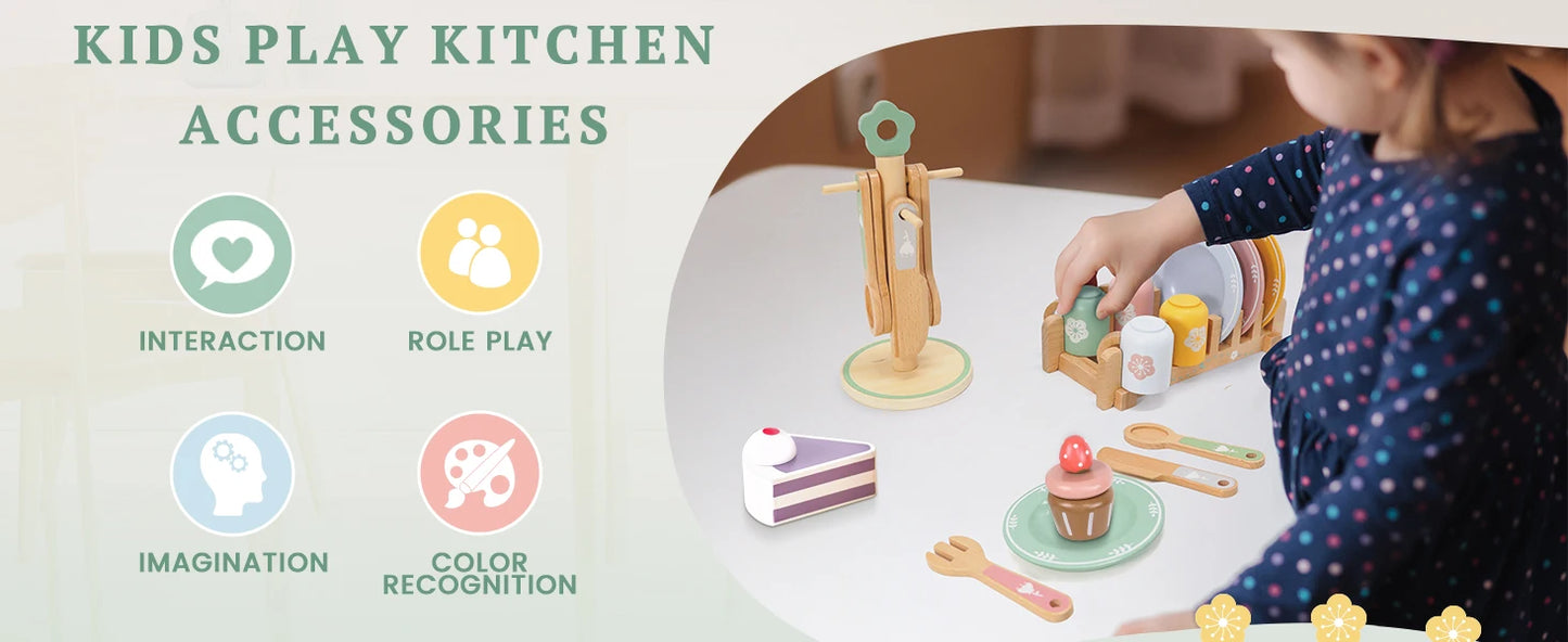 Wooden Kitchen Pretend Play Set Montessori Simulation Plates