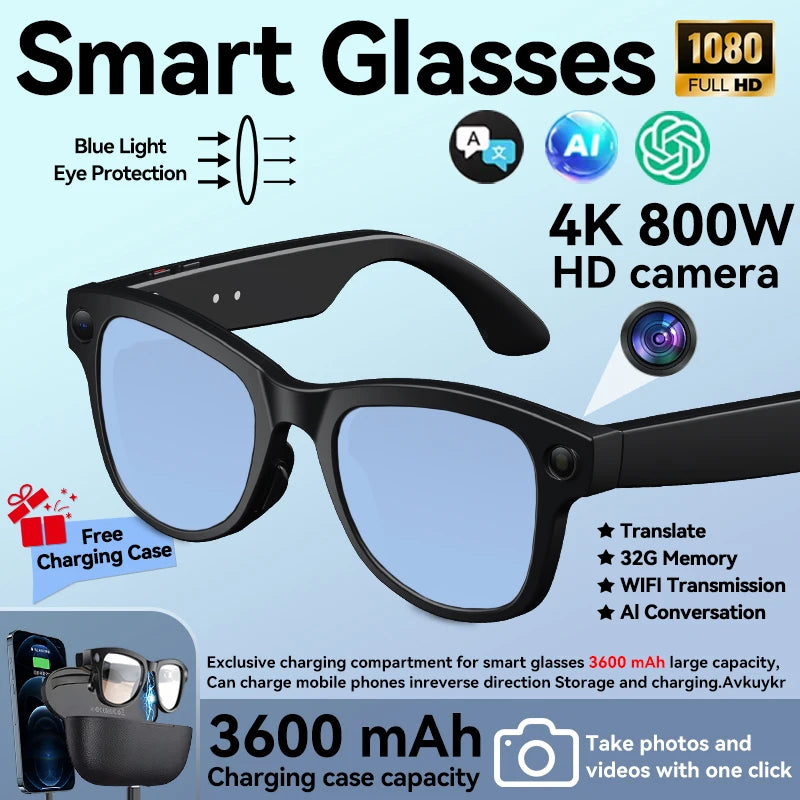 3600mAh Power Bank Smart Glasses 800W 4K HD Pixel Translation