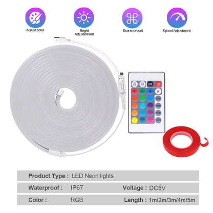 5V USB RGB LED Neon Strip Light 24key Remote Control