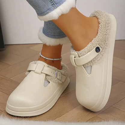 Waterproof Eva Furry Mules Slippers Women Winter Metal Buckle