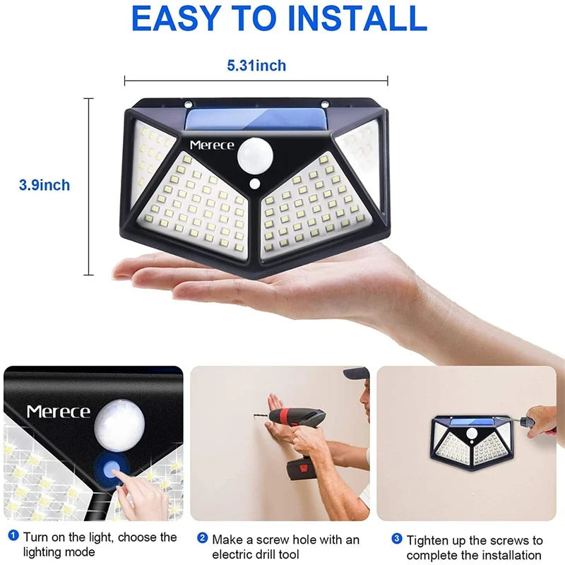 Solar Lights Outdoor 100 LED Wall Lamp Motion Sensor Lights