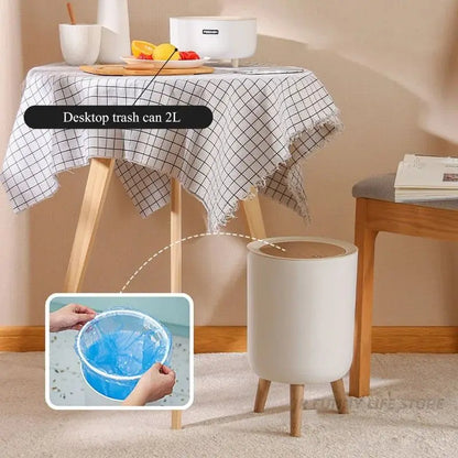 7L Round Wood Grain Trash Can Press Type Garbage Can