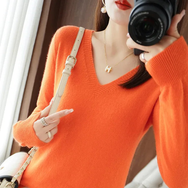 Women's Sweater Autumn Winter Knitted Pullovers V-neck