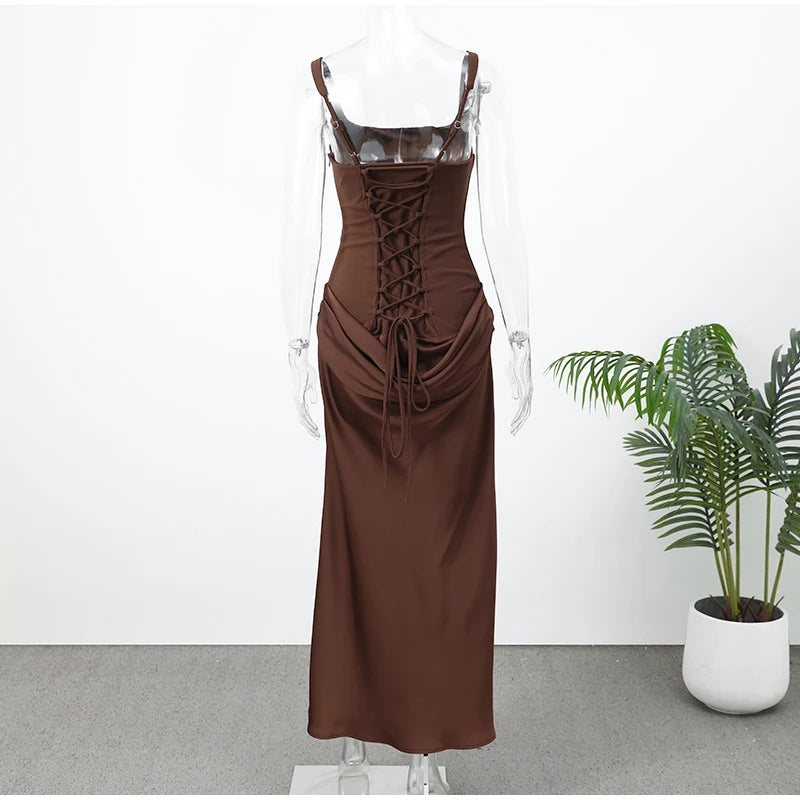 Solid Pleated Sling Dress Women Square Neck Sleeveless