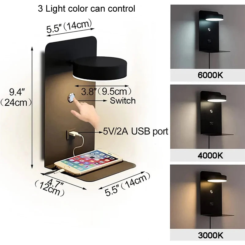 Bedroom Led Wall Lamps with USB Charge Wall Light