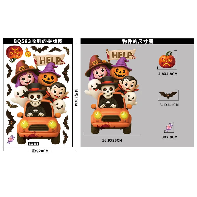 Halloween Window Glass Stickers Cartoon Pumpkin Lantern Candy Bat
