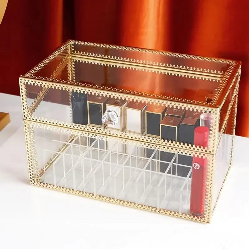 Golden Makeup Organizer Storage Box Glass Cosmetic