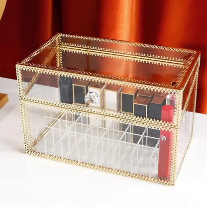 Golden Makeup Organizer Storage Box Glass Cosmetic