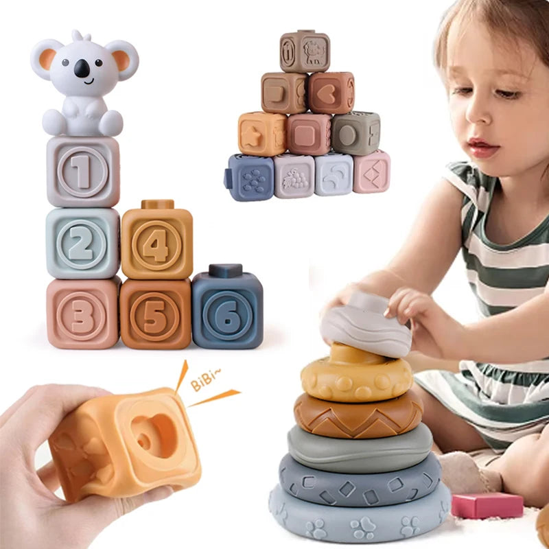 Baby Montessori Silicone Building Blocks Koala Squeeze Stacker