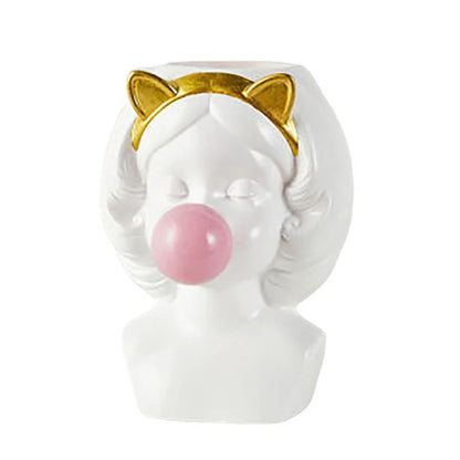 Cute Girl Bubble Gum Figurine Resin Flower Vase Decorative