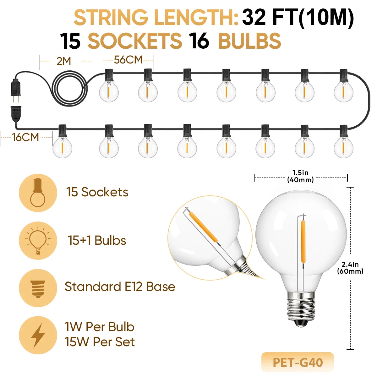 Shatterproof Outdoor Lights Garland Led G40 String Light