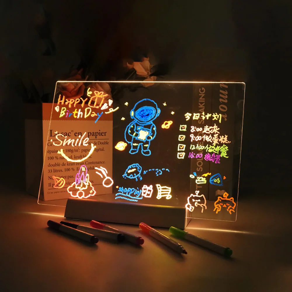 LED Note Board DIY Acrylic Night Light 7 Pens Drawing Board