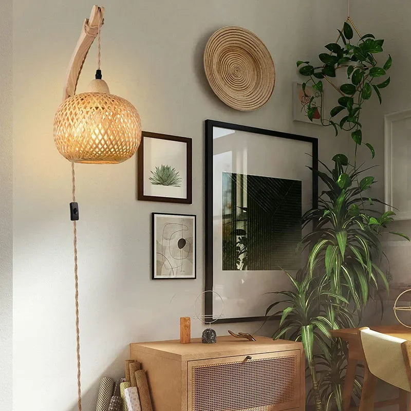 Bamboo Lantern Wall Lamp Natural Rattan Wicker E27 Chandeliers