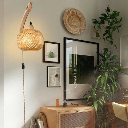 Bamboo Lantern Wall Lamp Natural Rattan Wicker E27 Chandeliers