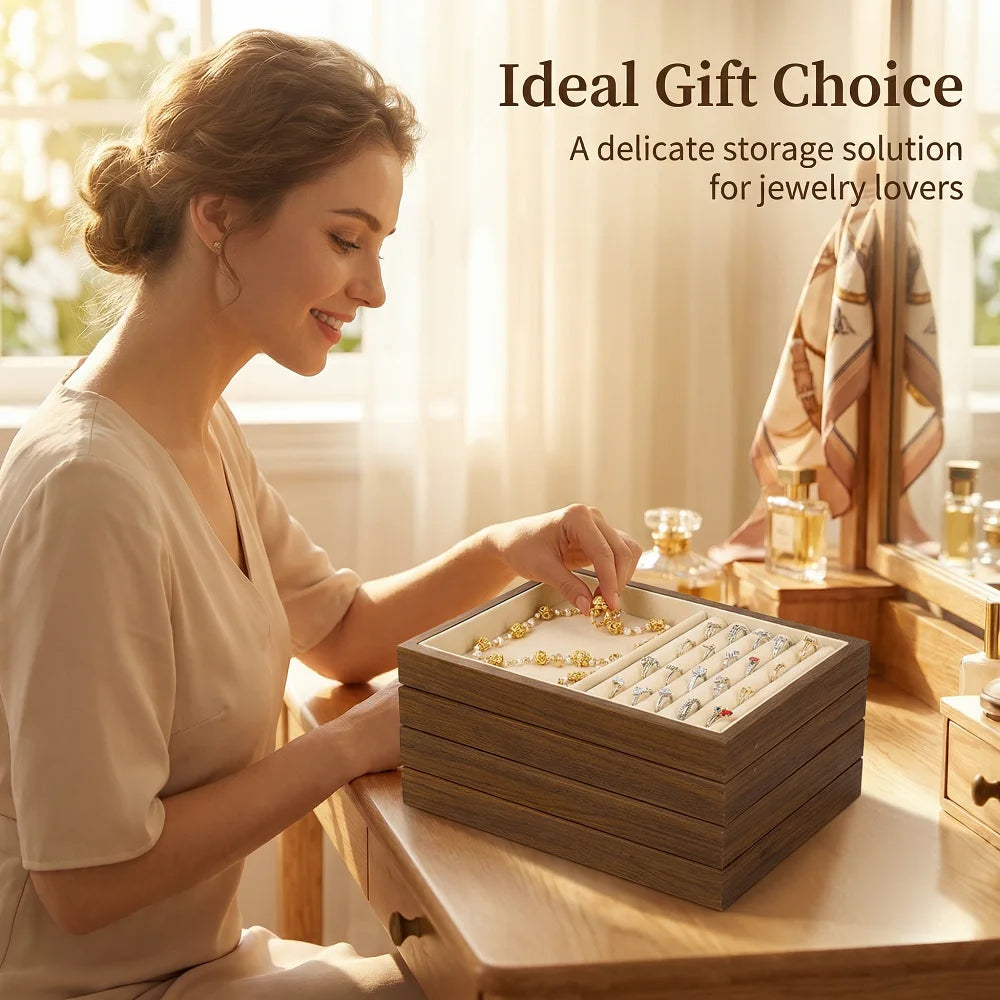 Solid Wood Jewelry Display Tray Stackable Storage