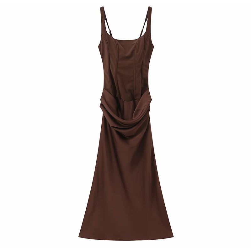 Solid Pleated Sling Dress Women Square Neck Sleeveless