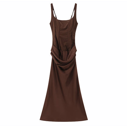 Solid Pleated Sling Dress Women Square Neck Sleeveless