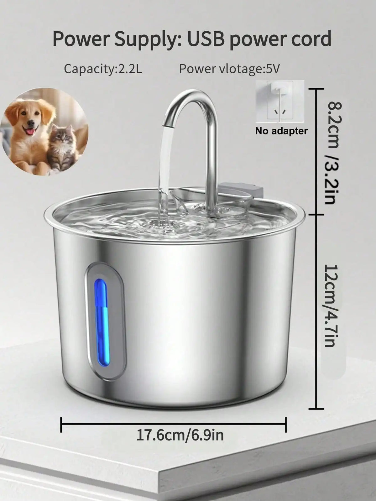 Stainless Steel Cat Water Fountain With LED Blue Light