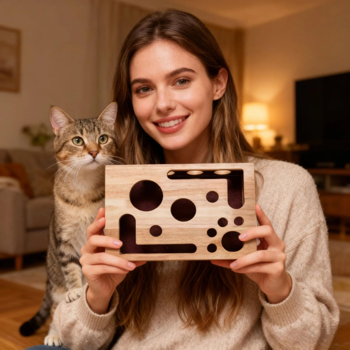 Interactive Frosted Wooden Cat Maze Toy Pet Treat Dispenser