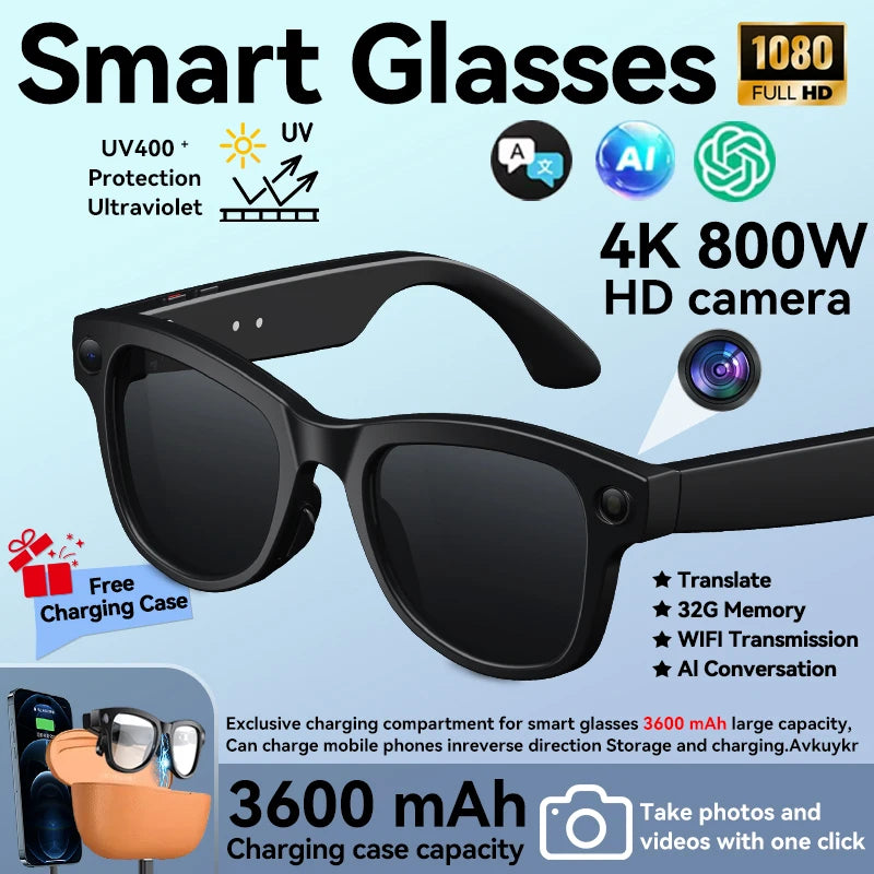 3600mAh Power Bank Smart Glasses 800W 4K HD Pixel Translation