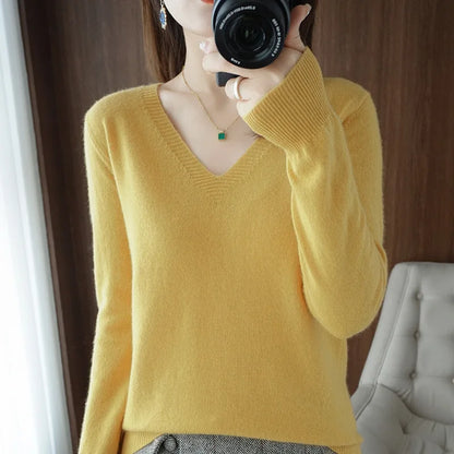 Women's Sweater Autumn Winter Knitted Pullovers V-neck