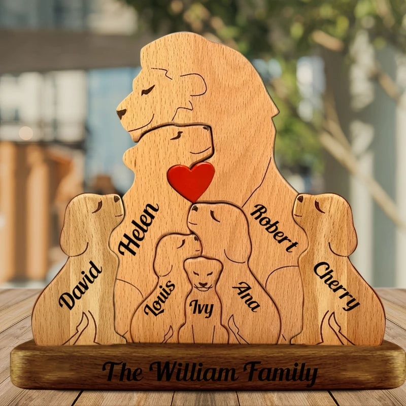 Wooden Lion Family Puzzle Ornament DIY Custom Name