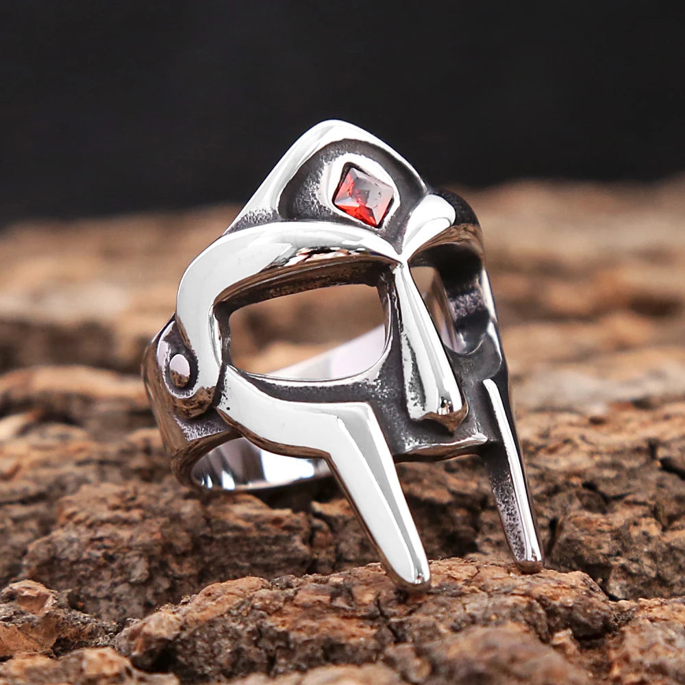Punk Vintage Stainless Steel MF DOOM Mask Rings With Red Stone