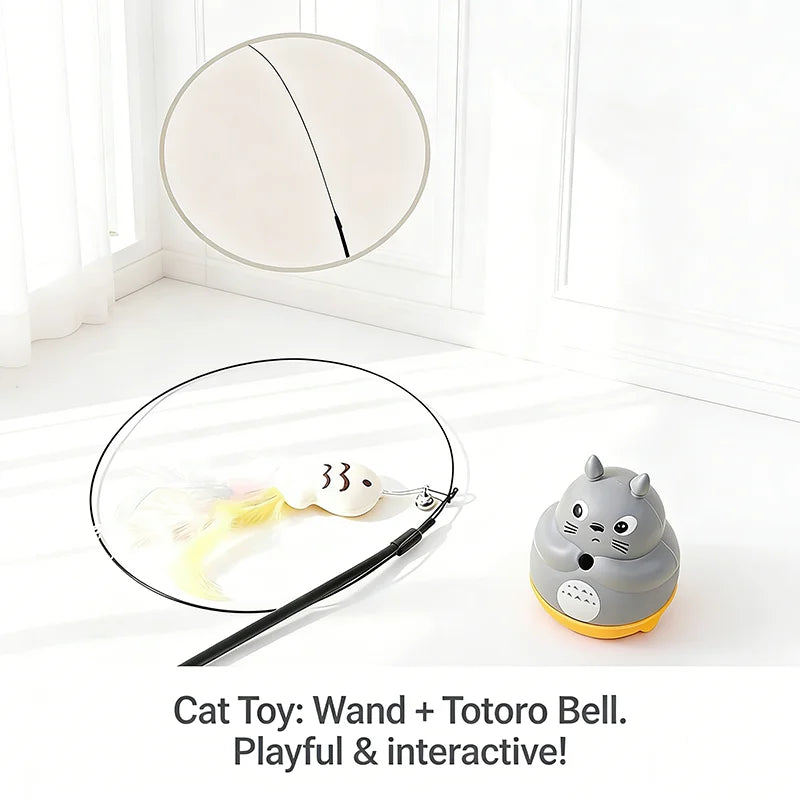360 Degree Rotating Cat Teaser Wand with Feather Bell Wire
