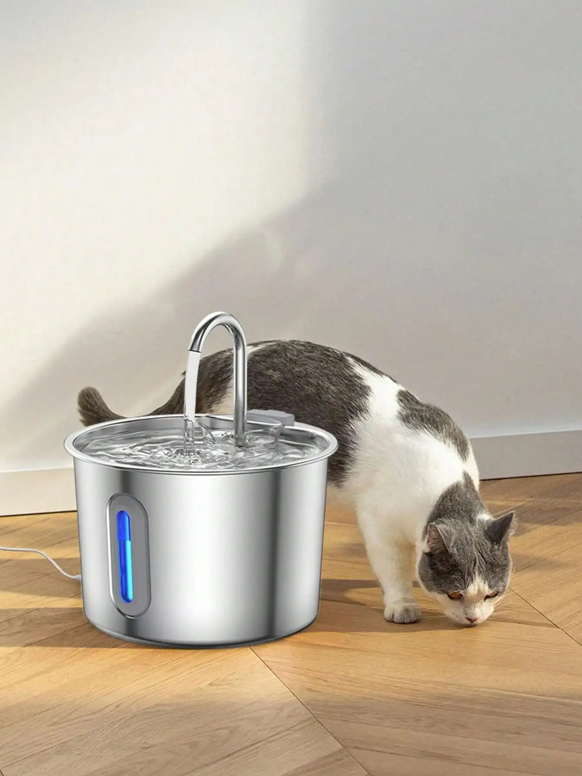 Stainless Steel Cat Water Fountain With LED Blue Light