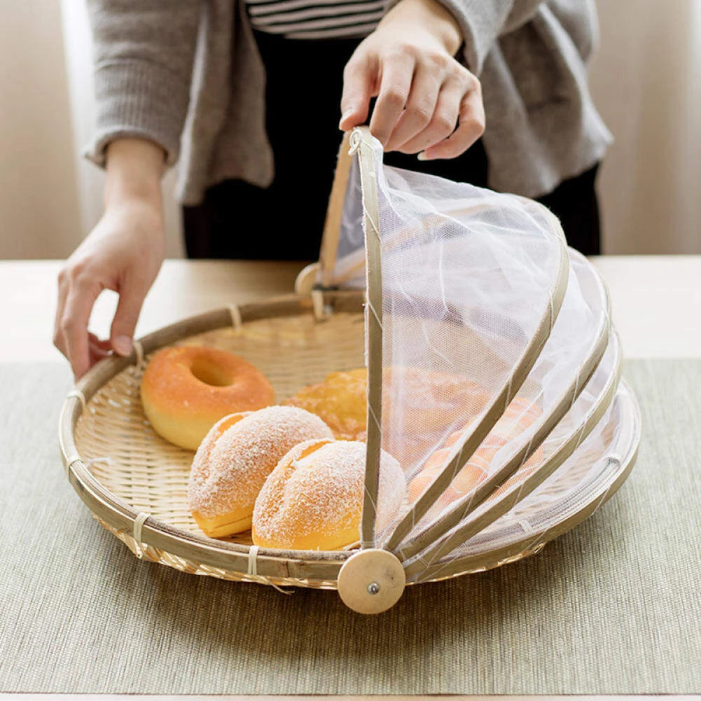 Handmade Bamboo Basket With Net Mesh Cover Kitchen Bread