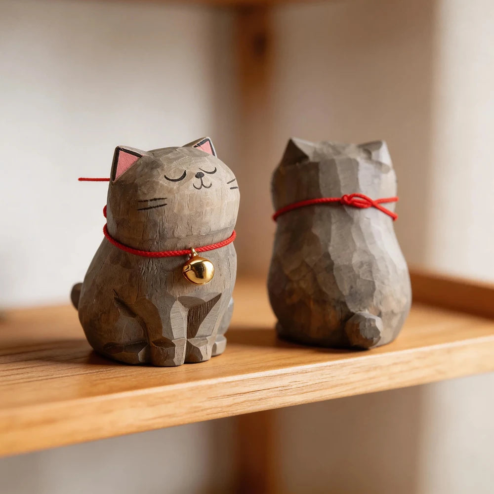 Cute Cat Animals Figurine Decorative Wooden Ornament