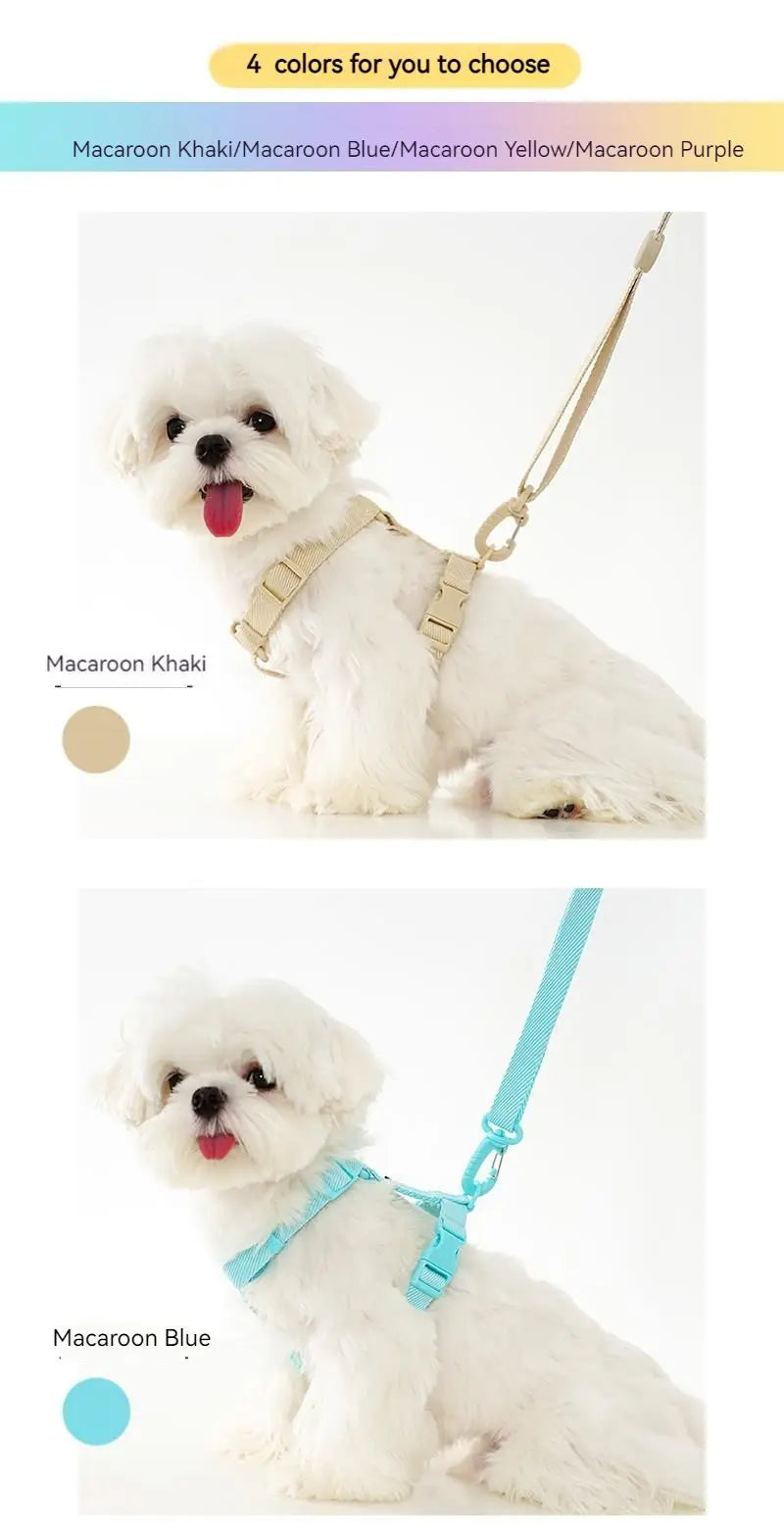 Adjustable Dog Harness Collar Leash Set Macarone Color
