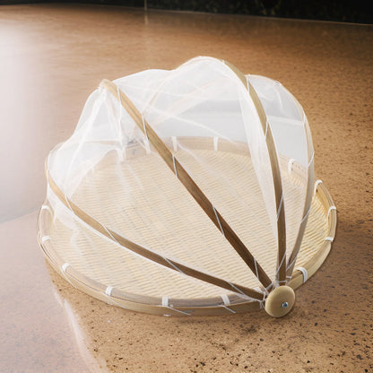 Handmade Bamboo Basket With Net Mesh Cover Kitchen Bread