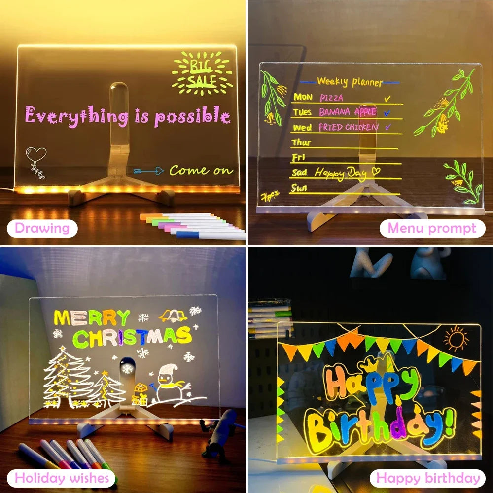 LED Note Board DIY Acrylic Night Light 7 Pens Drawing Board