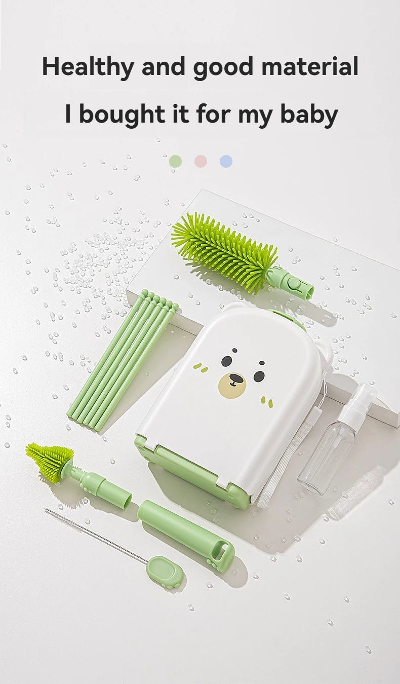 Travel Baby Bottle Brush Set - Newborn Safe Silicone Cleaning Brushes