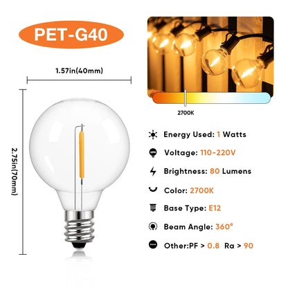 Waterproof G40 String Lights Shatterproof Plastic E12 1W Bulbs