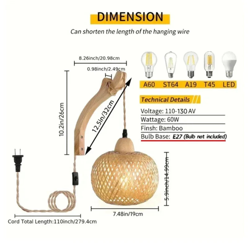 Bamboo Lantern Wall Lamp Natural Rattan Wicker E27 Chandeliers
