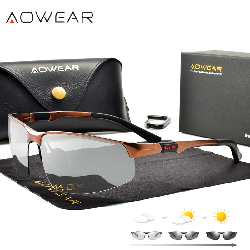 AOWEAR Mens Photochromic Polarized Rimless Sunglasses