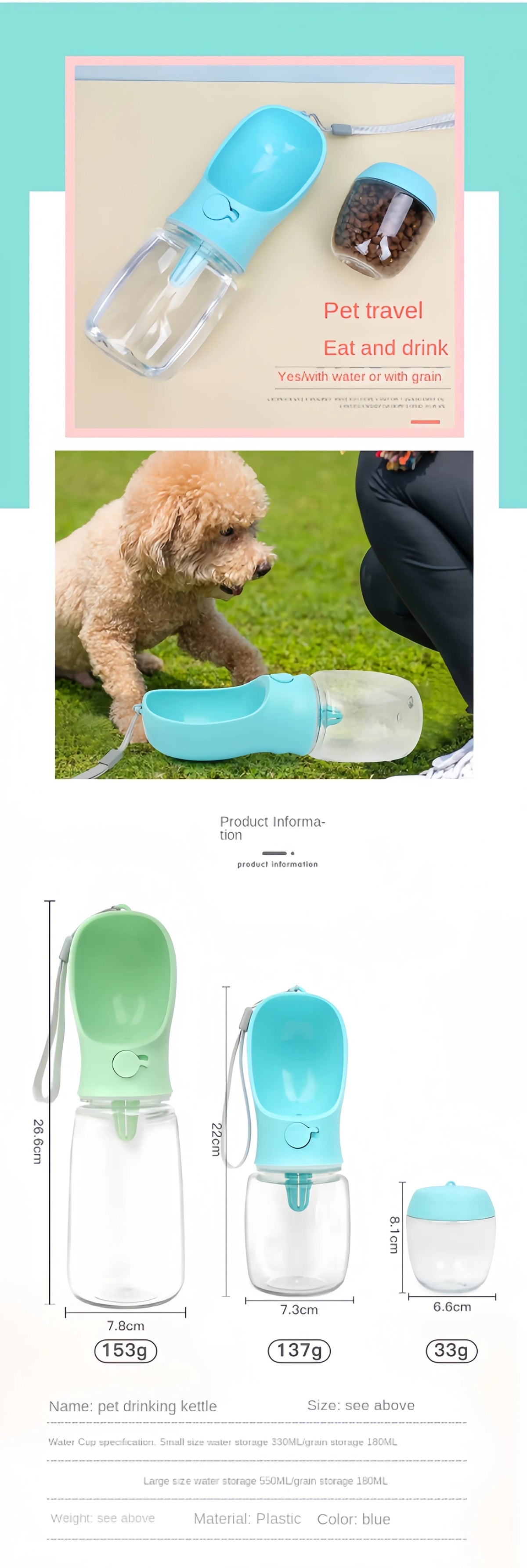Portable Dog Cat Water Bottle with Storage Food and Water
