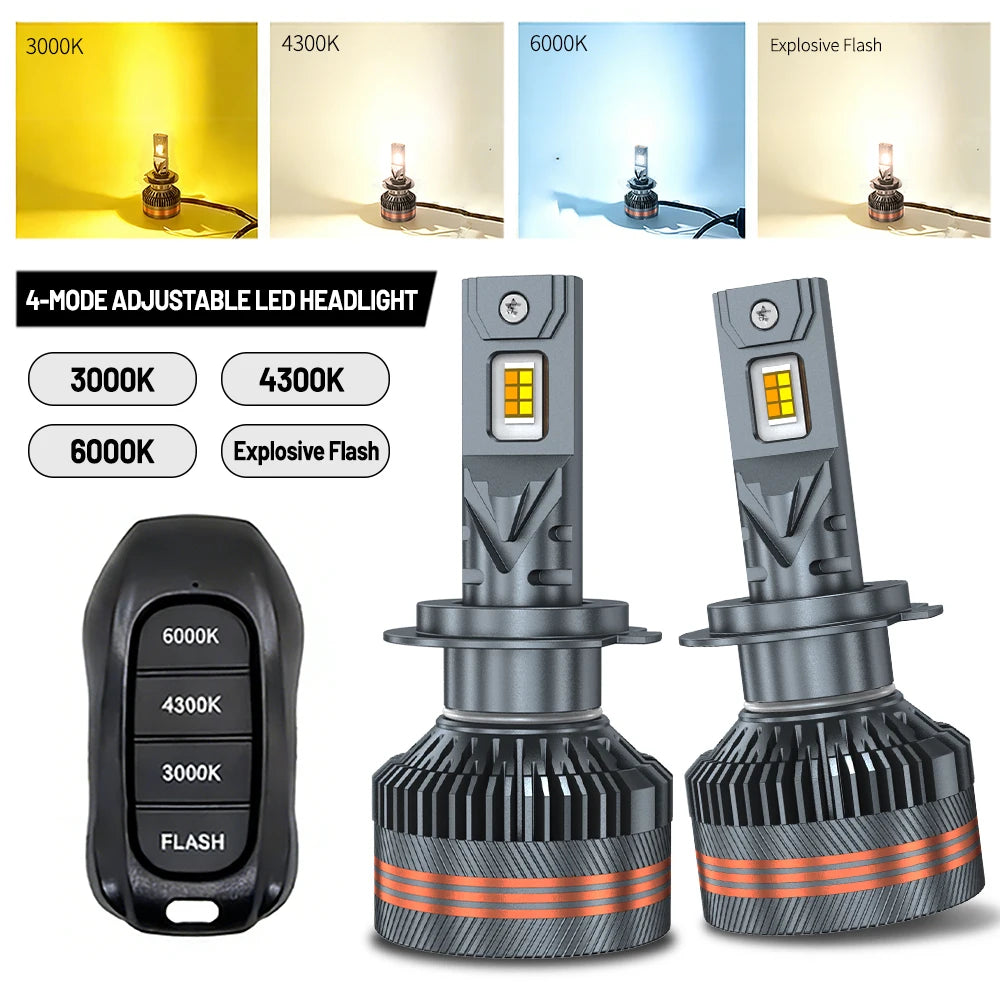H4 LED Headlights Three Color Remote Control 4 Modes Car Lights